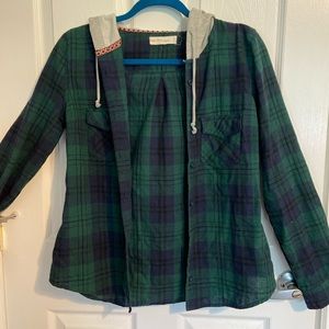 Plaid button up jacket with hood attached